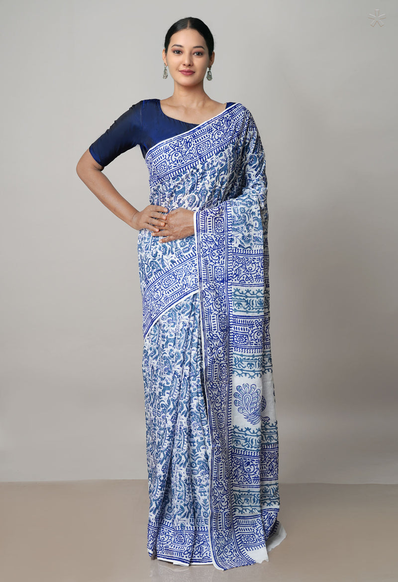 White Pure Block Printed  Superfine Mulmul Cotton Saree With Kalamkari Blouse Piece-UNM72944