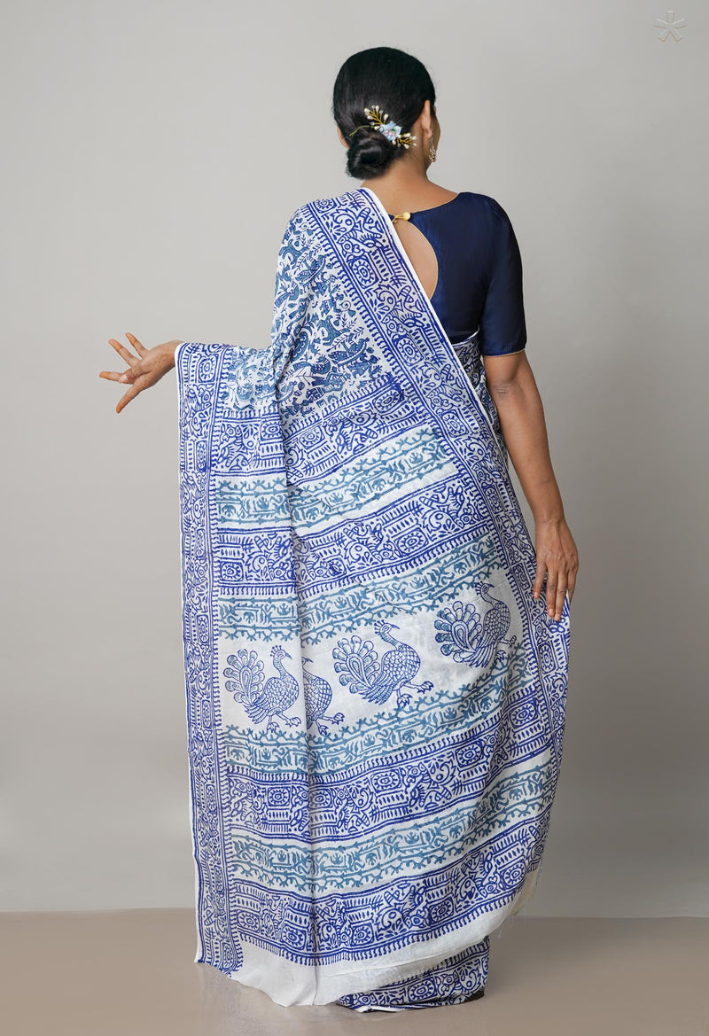 White Pure Block Printed  Superfine Mulmul Cotton Saree With Kalamkari Blouse Piece-UNM72944