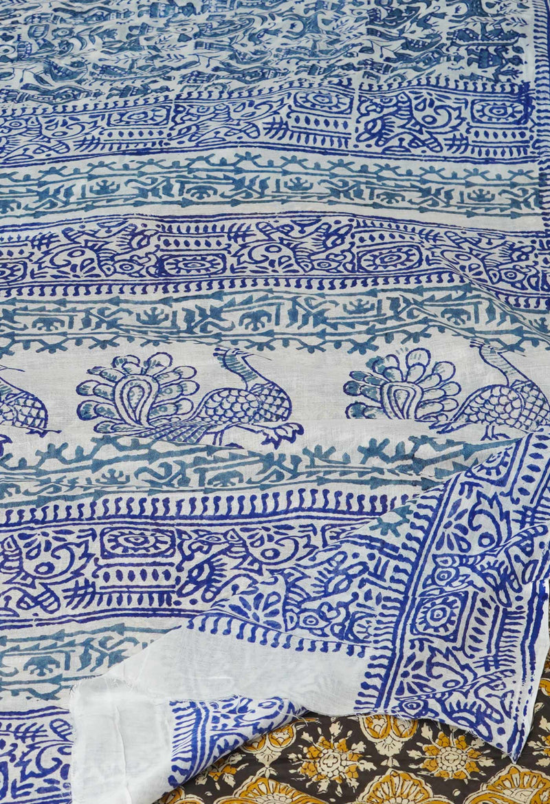 White Pure Block Printed  Superfine Mulmul Cotton Saree With Kalamkari Blouse Piece-UNM72944