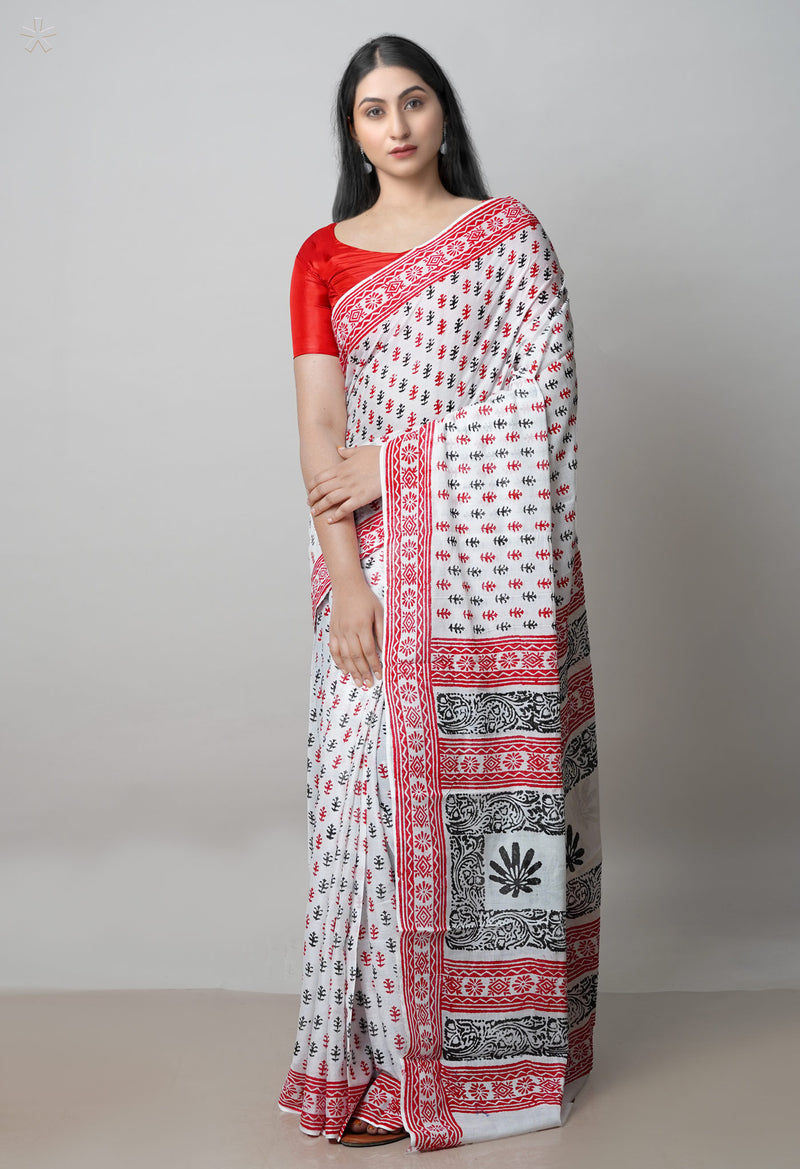 White Pure Block Printed  Superfine Mulmul Cotton Saree With Kalamkari Blouse Piece-UNM72946