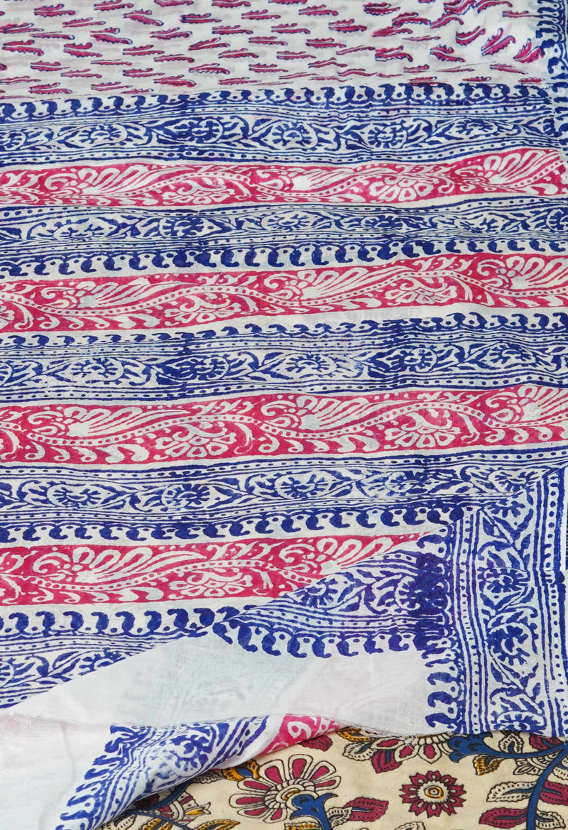 White Pure Block Printed  Superfine Mulmul Cotton Saree With Kalamkari Blouse Piece-UNM72948