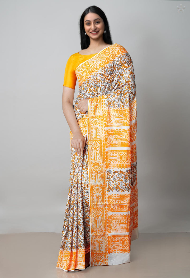 White Pure Block Printed  Superfine Mulmul Cotton Saree With Kalamkari Blouse Piece-UNM72949