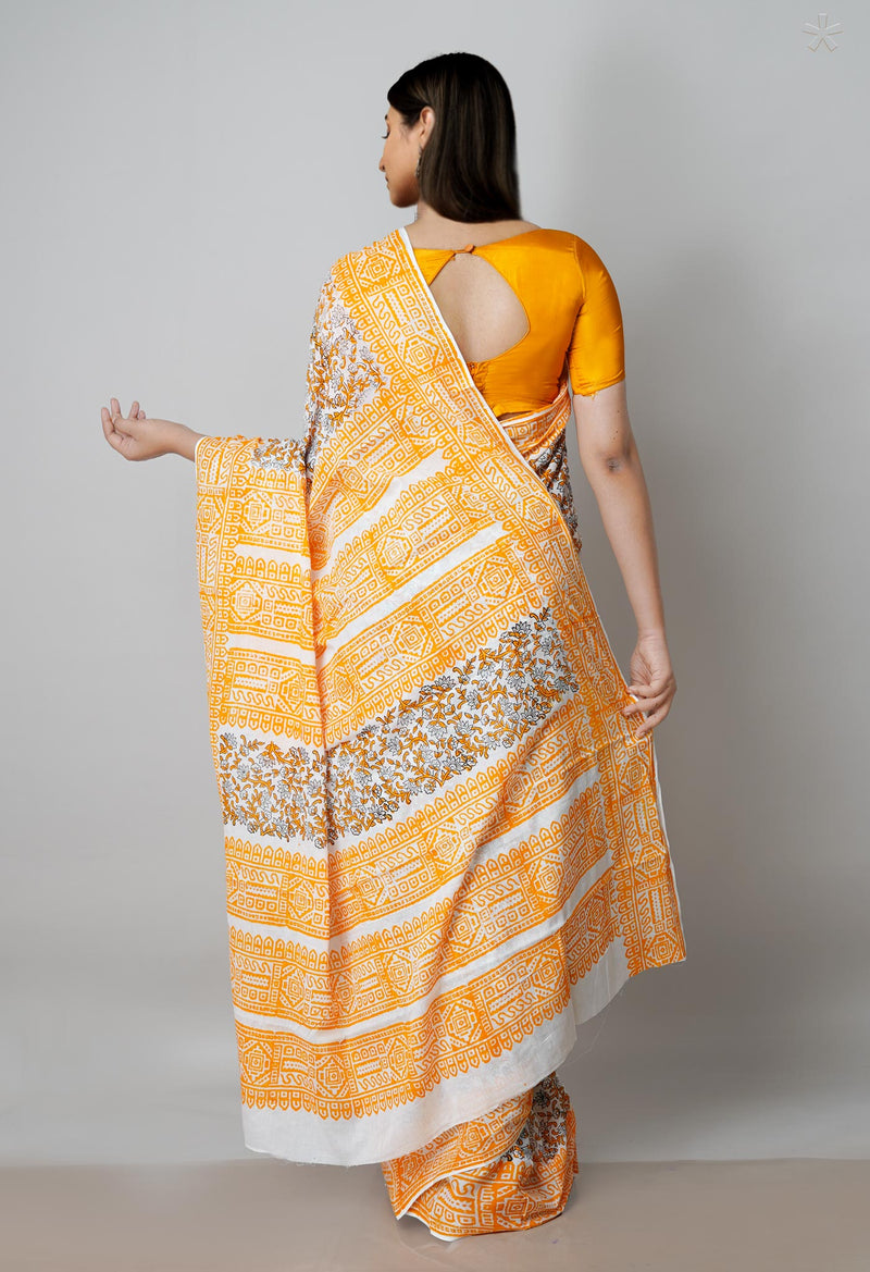 White Pure Block Printed  Superfine Mulmul Cotton Saree With Kalamkari Blouse Piece-UNM72949