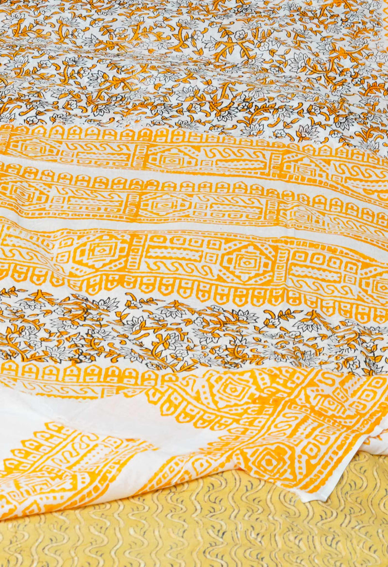White Pure Block Printed  Superfine Mulmul Cotton Saree With Kalamkari Blouse Piece-UNM72949