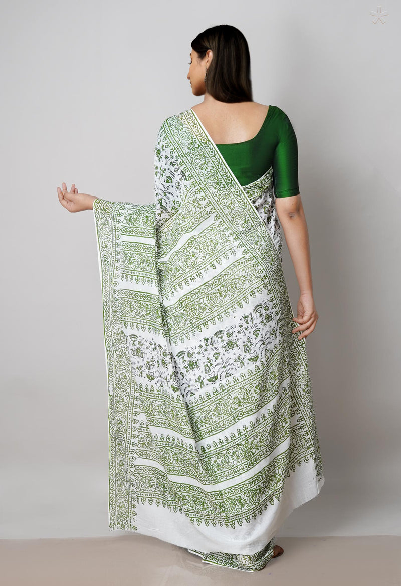 White Pure Block Printed  Superfine Mulmul Cotton Saree With Kalamkari Blouse Piece-UNM72950