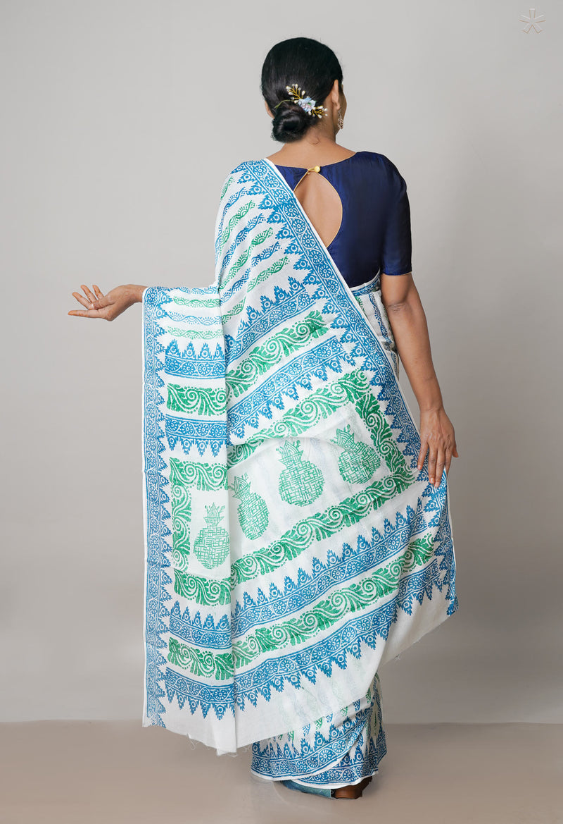 White Pure Block Printed  Superfine Mulmul Cotton Saree With Kalamkari Blouse Piece-UNM72951