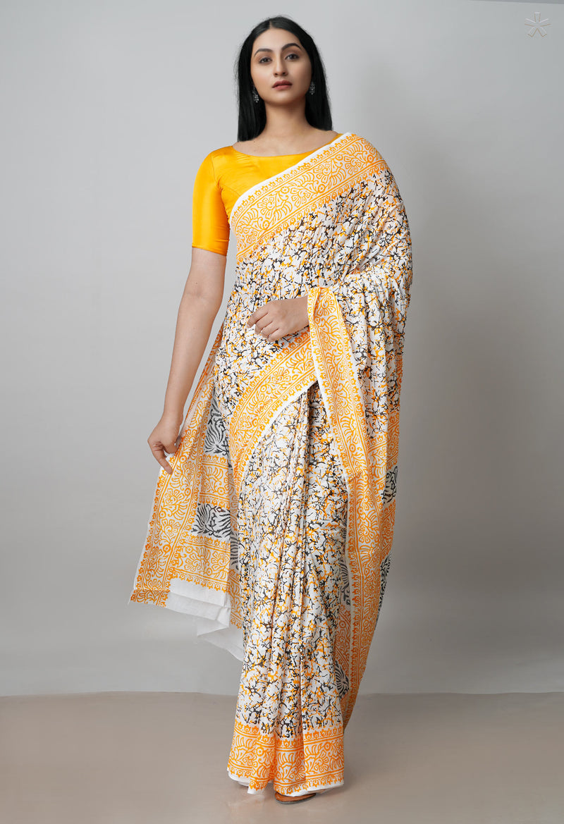 White Pure Block Printed  Superfine Mulmul Cotton Saree With Kalamkari Blouse Piece-UNM72952