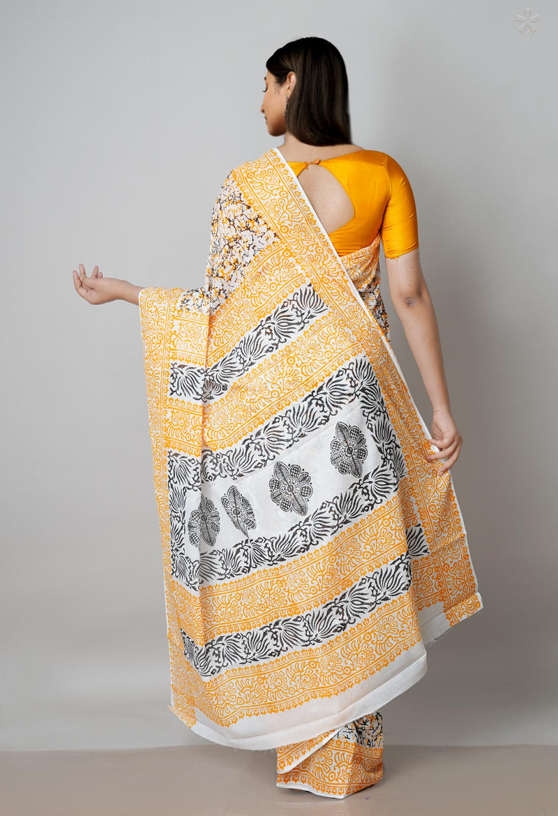 White Pure Block Printed  Superfine Mulmul Cotton Saree With Kalamkari Blouse Piece-UNM72952