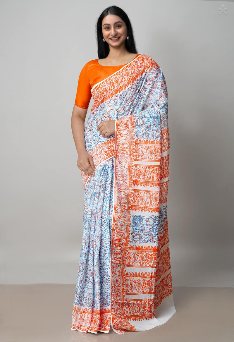 White Pure Block Printed  Superfine Mulmul Cotton Saree With Kalamkari Blouse Piece-UNM72953