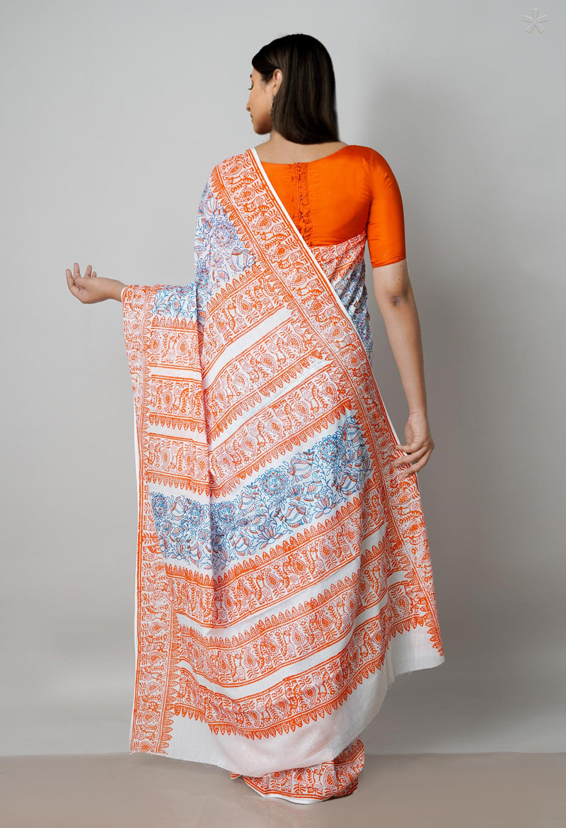 White Pure Block Printed  Superfine Mulmul Cotton Saree With Kalamkari Blouse Piece-UNM72953