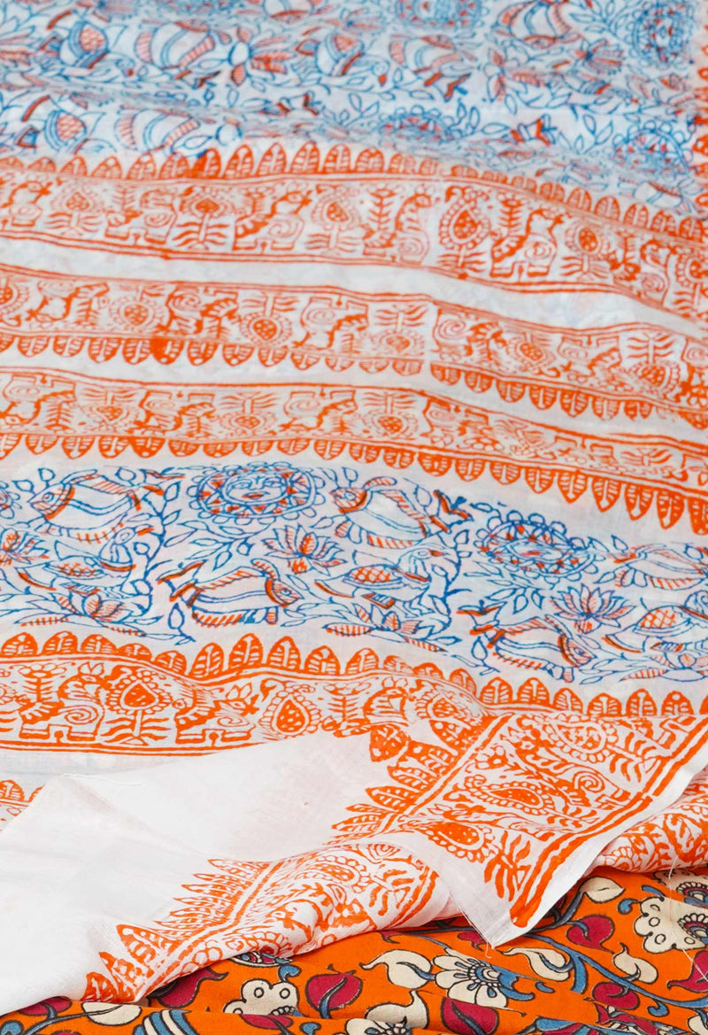 White Pure Block Printed  Superfine Mulmul Cotton Saree With Kalamkari Blouse Piece-UNM72953