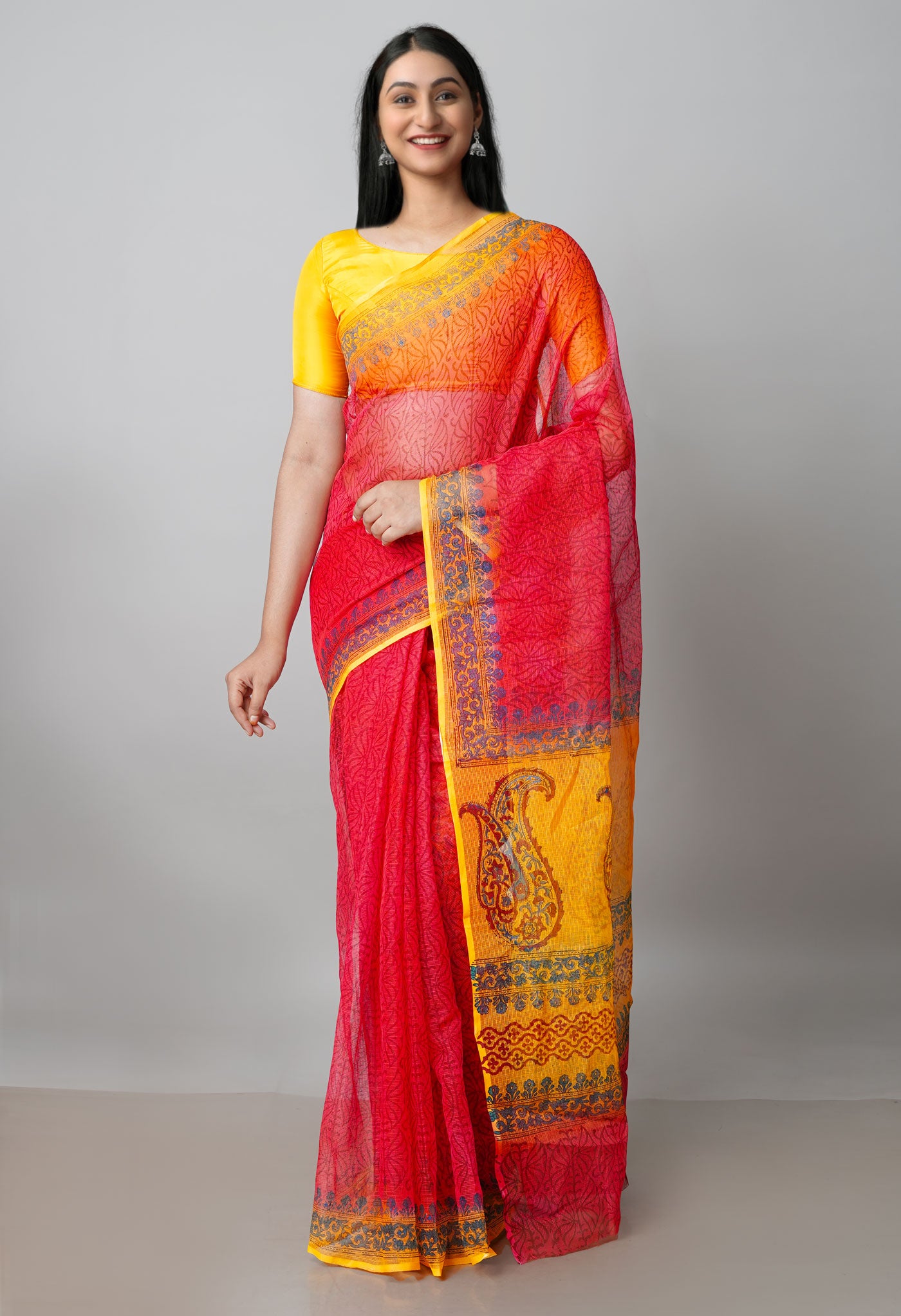Red Pure Block Printed  Kota Cotton Saree With Kalamkari Blouse Piece-UNM72954