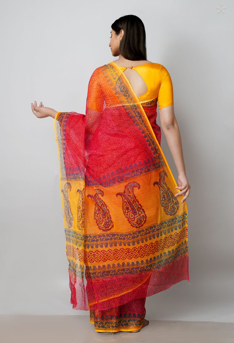 Red Pure Block Printed  Kota Cotton Saree With Kalamkari Blouse Piece-UNM72954