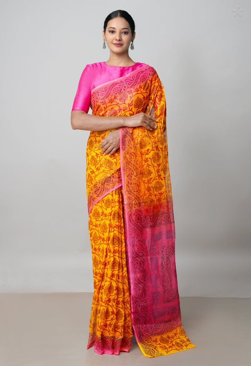 Orange Pure Block Printed  Kota Cotton Saree With Kalamkari Blouse Piece-UNM72955