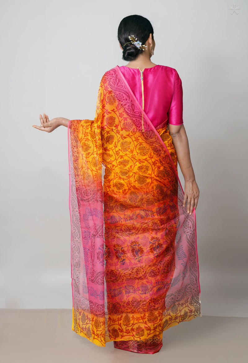 Orange Pure Block Printed  Kota Cotton Saree With Kalamkari Blouse Piece-UNM72955