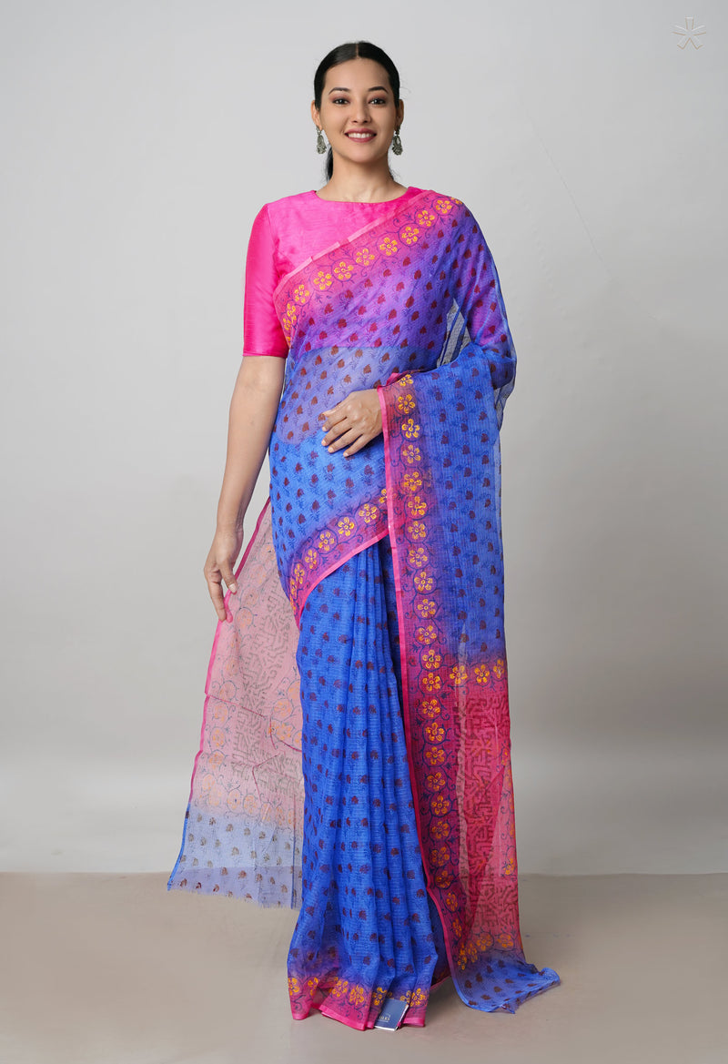 Blue Pure Block Printed  Kota Cotton Saree With Kalamkari Blouse Piece-UNM72957