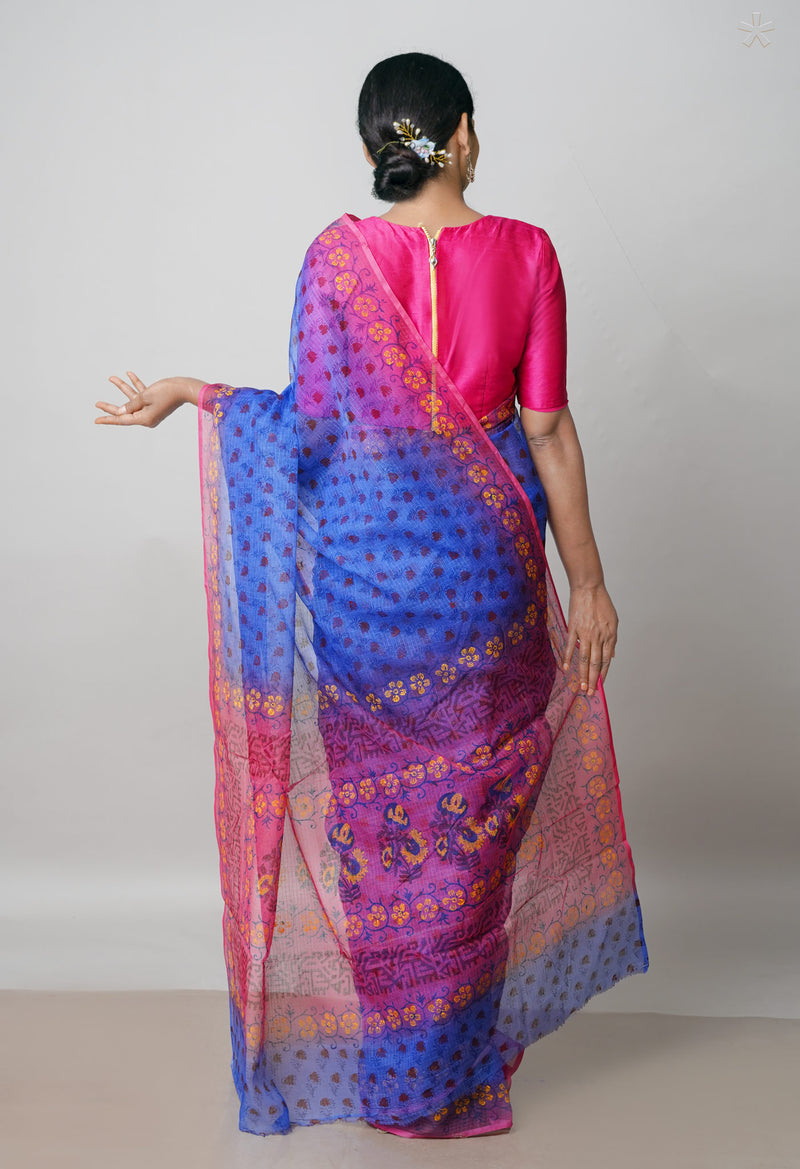 Blue Pure Block Printed  Kota Cotton Saree With Kalamkari Blouse Piece-UNM72957