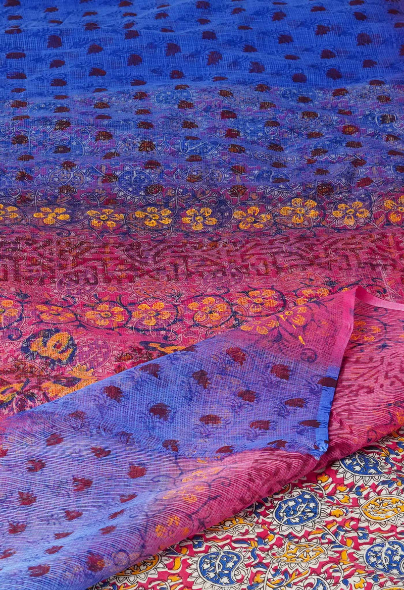 Blue Pure Block Printed  Kota Cotton Saree With Kalamkari Blouse Piece-UNM72957