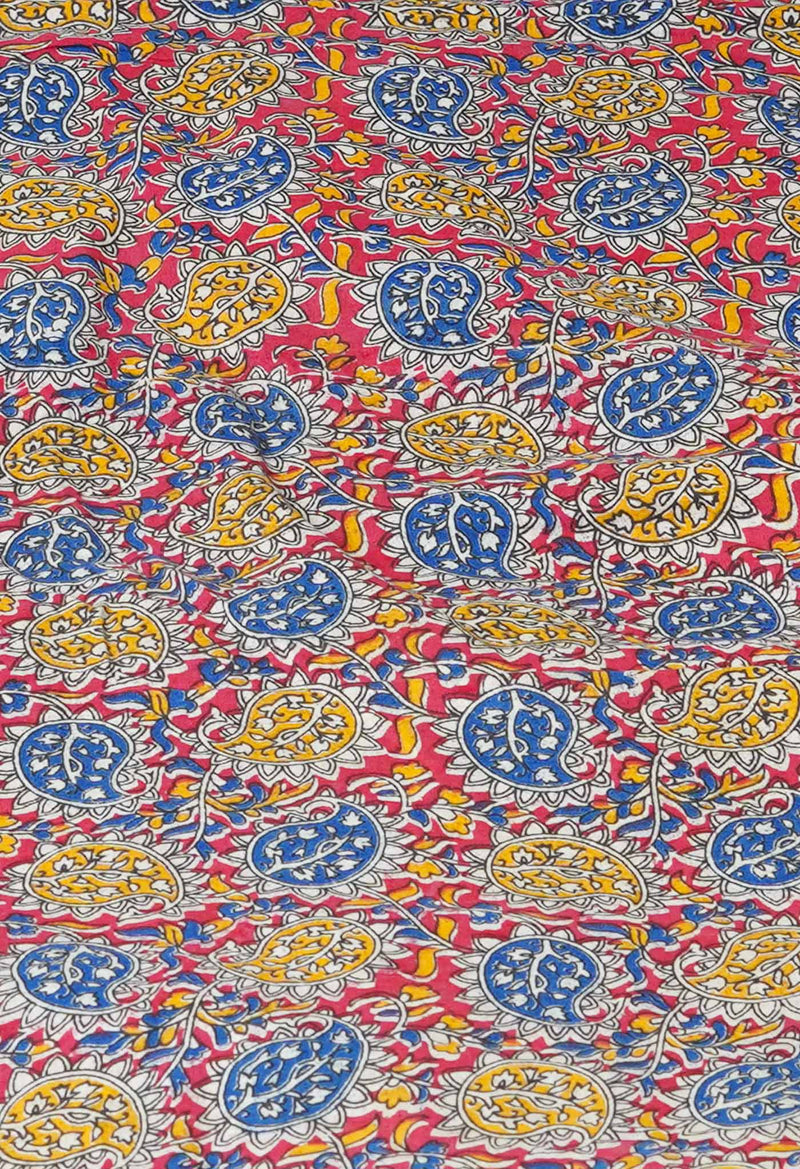 Blue Pure Block Printed  Kota Cotton Saree With Kalamkari Blouse Piece-UNM72957