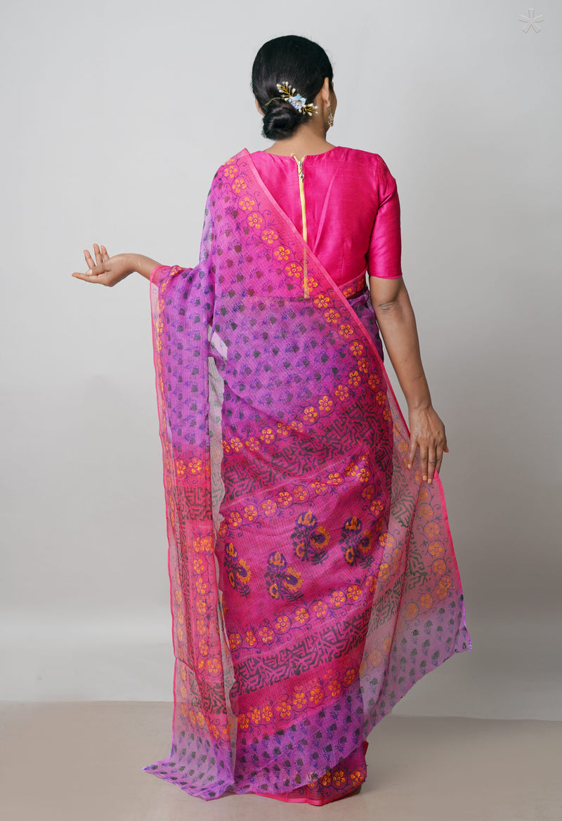 Pink Pure Block Printed  Kota Cotton Saree With Kalamkari Blouse Piece-UNM72958