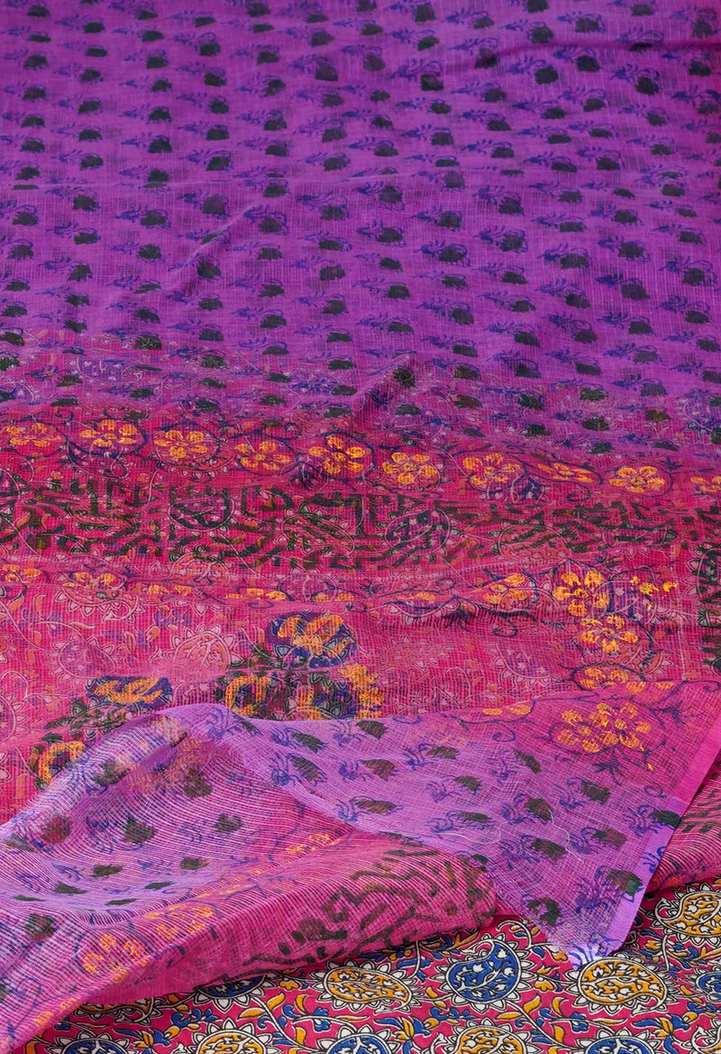 Pink Pure Block Printed  Kota Cotton Saree With Kalamkari Blouse Piece-UNM72958