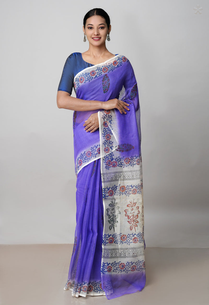 Purple Pure Block Printed  Kota Cotton Saree With Kalamkari Blouse Piece-UNM72959
