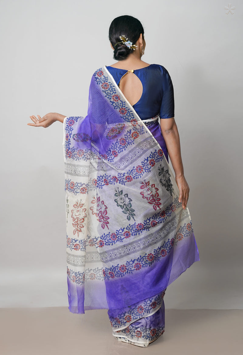 Purple Pure Block Printed  Kota Cotton Saree With Kalamkari Blouse Piece-UNM72959