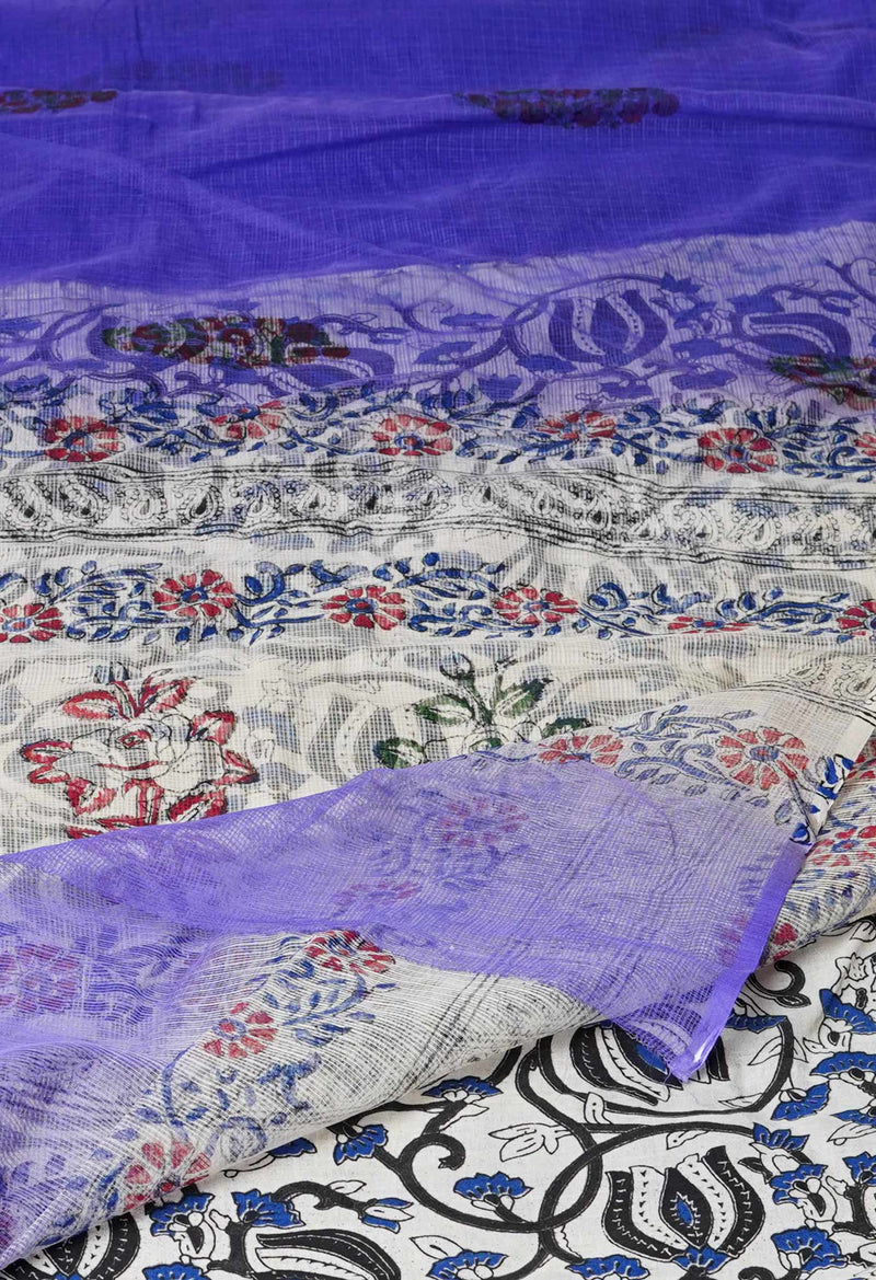 Purple Pure Block Printed  Kota Cotton Saree With Kalamkari Blouse Piece-UNM72959
