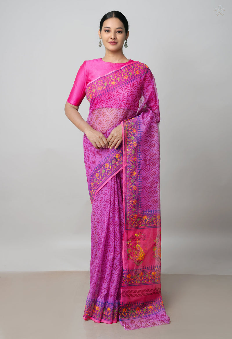 Pink Pure Block Printed  Kota Cotton Saree With Kalamkari Blouse Piece-UNM72960