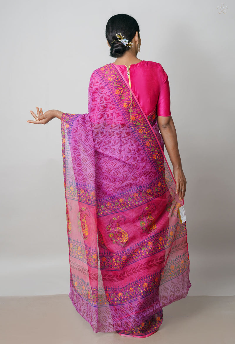 Pink Pure Block Printed  Kota Cotton Saree With Kalamkari Blouse Piece-UNM72960