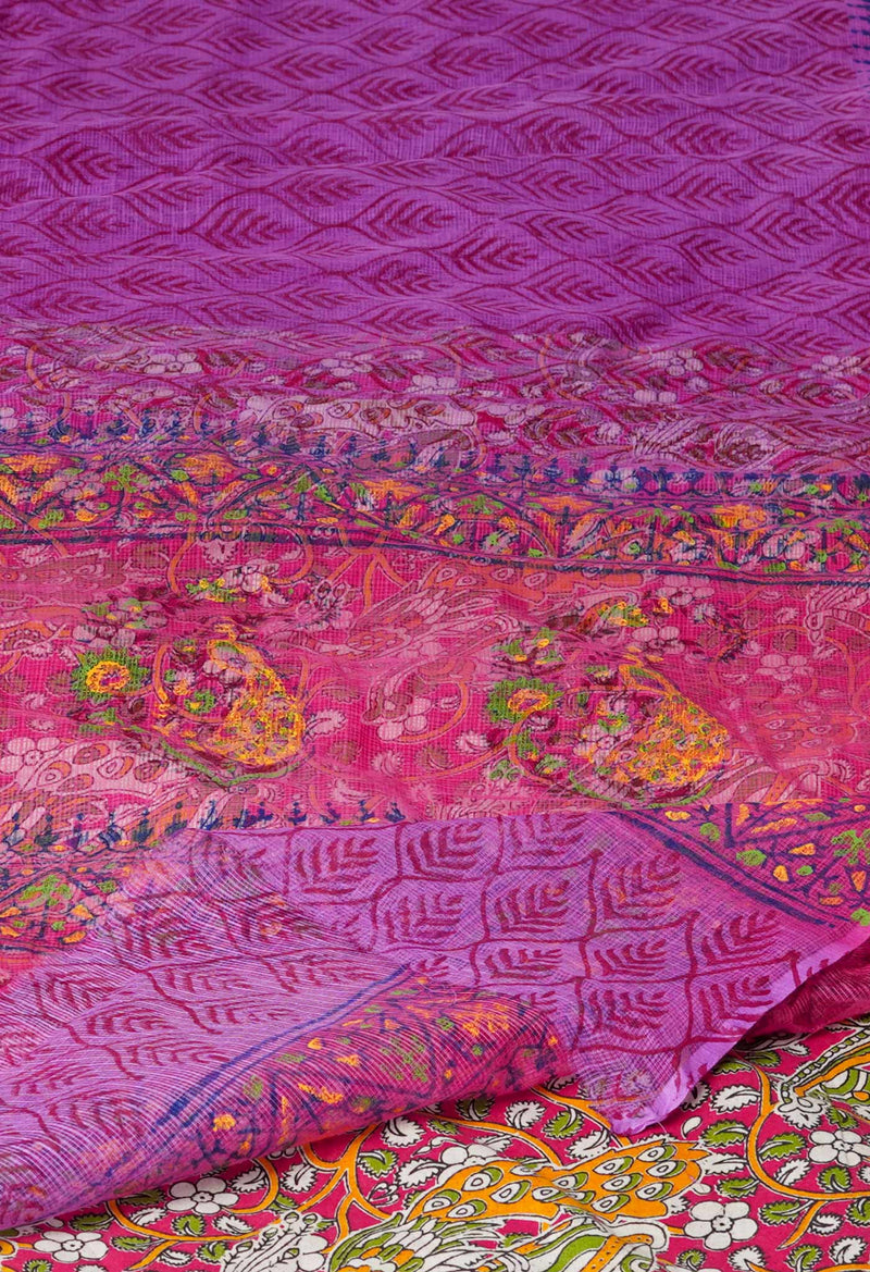 Pink Pure Block Printed  Kota Cotton Saree With Kalamkari Blouse Piece-UNM72960