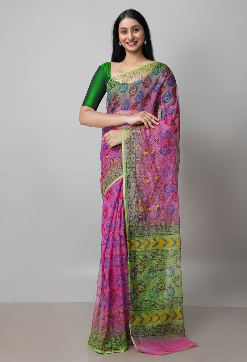 Pink Pure Block Printed  Kota Cotton Saree With Kalamkari Blouse Piece-UNM72962