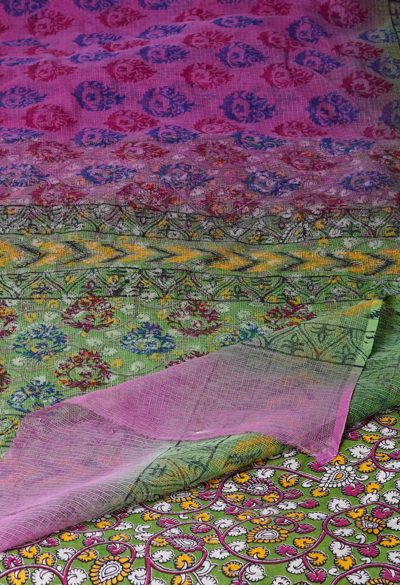 Pink Pure Block Printed  Kota Cotton Saree With Kalamkari Blouse Piece-UNM72962