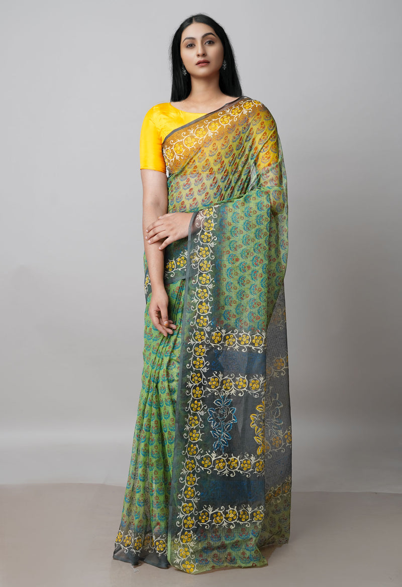 Green Pure Block Printed  Kota Cotton Saree With Kalamkari Blouse Piece-UNM72963