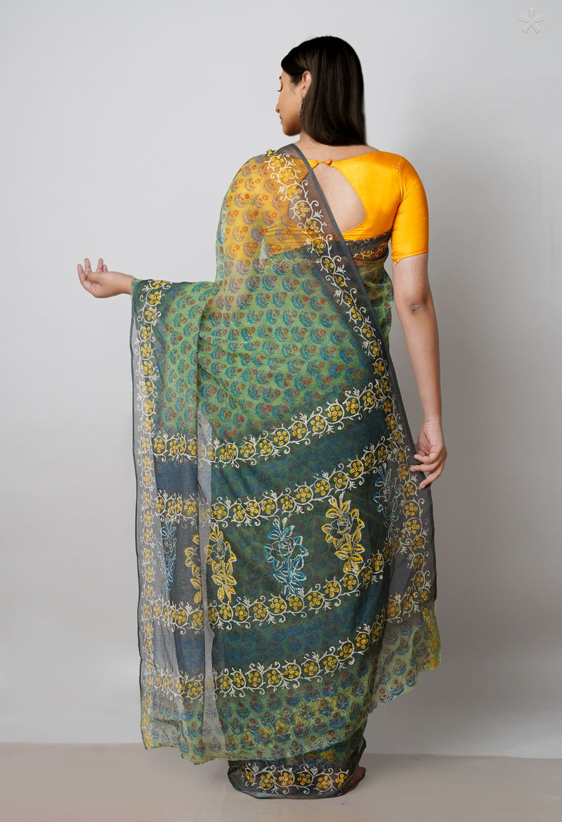Green Pure Block Printed  Kota Cotton Saree With Kalamkari Blouse Piece-UNM72963