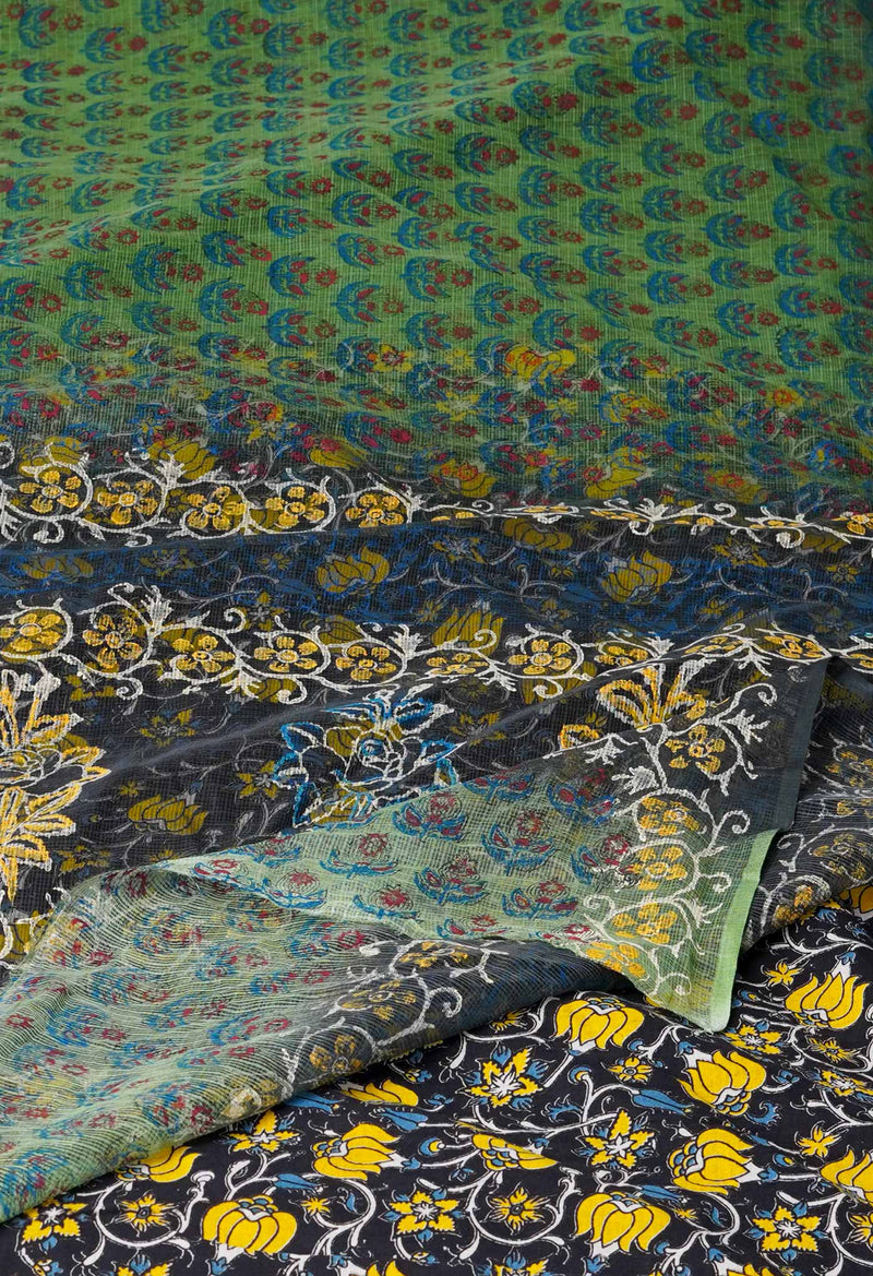Green Pure Block Printed  Kota Cotton Saree With Kalamkari Blouse Piece-UNM72963