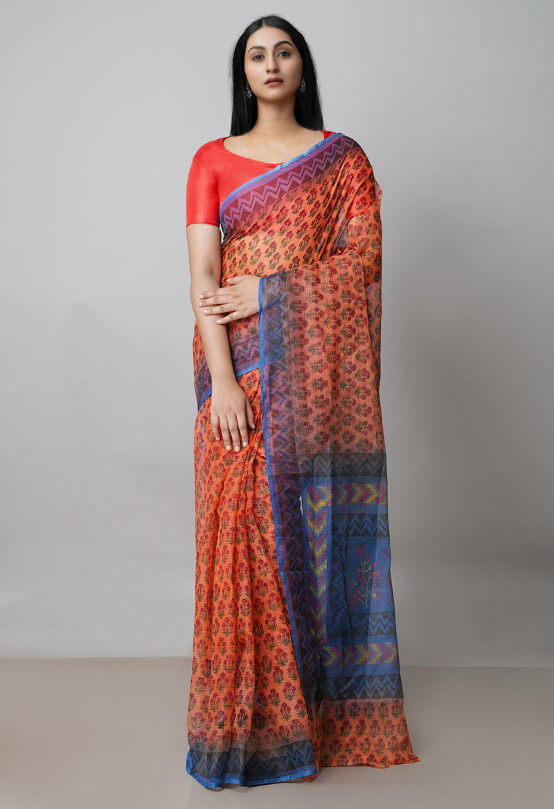 Orange Pure Block Printed  Kota Cotton Saree With Kalamkari Blouse Piece-UNM72964