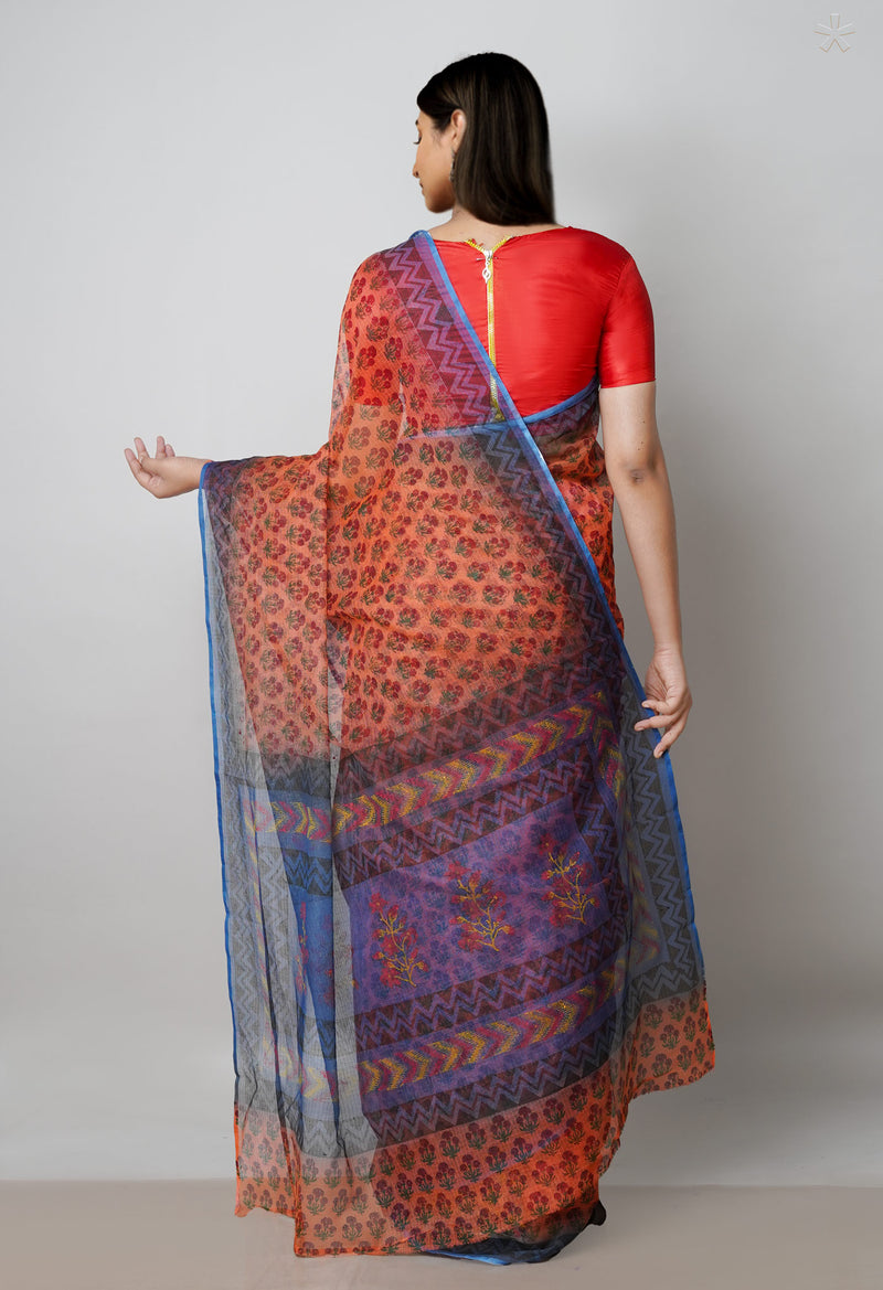 Orange Pure Block Printed  Kota Cotton Saree With Kalamkari Blouse Piece-UNM72964