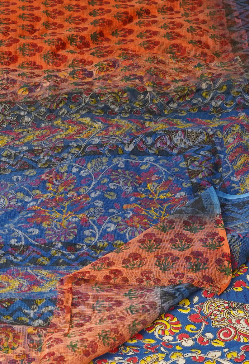 Orange Pure Block Printed  Kota Cotton Saree With Kalamkari Blouse Piece-UNM72964