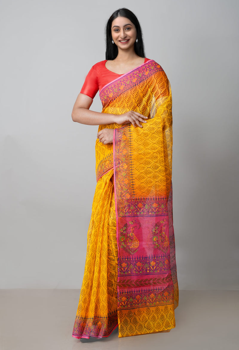 Yellow Pure Block Printed  Kota Cotton Saree With Kalamkari Blouse Piece-UNM72965