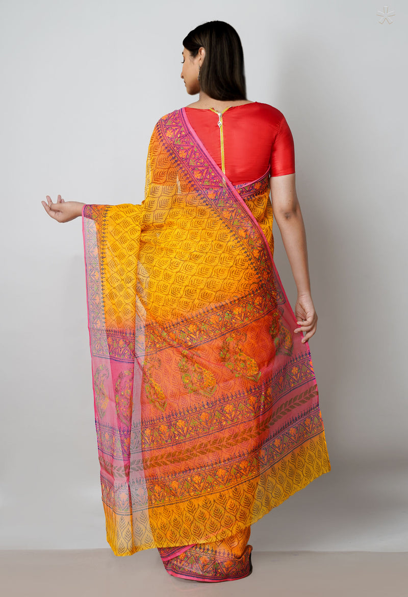 Yellow Pure Block Printed  Kota Cotton Saree With Kalamkari Blouse Piece-UNM72965