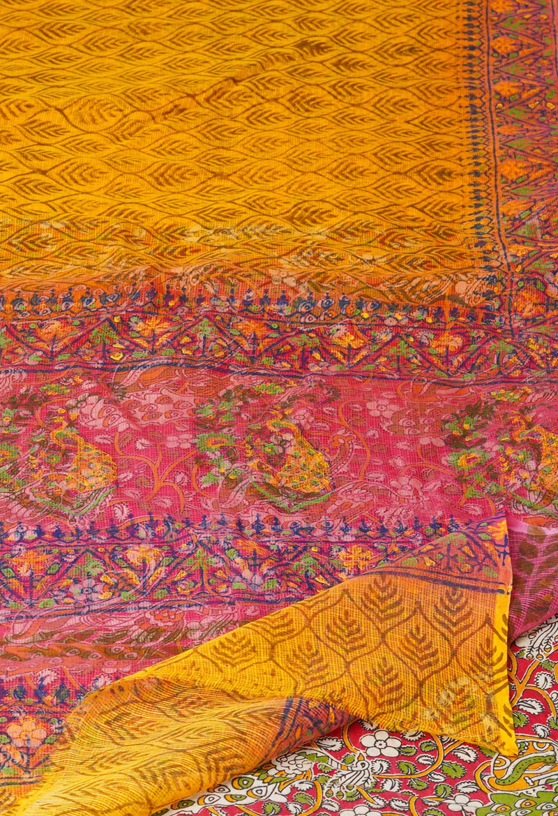 Yellow Pure Block Printed  Kota Cotton Saree With Kalamkari Blouse Piece-UNM72965