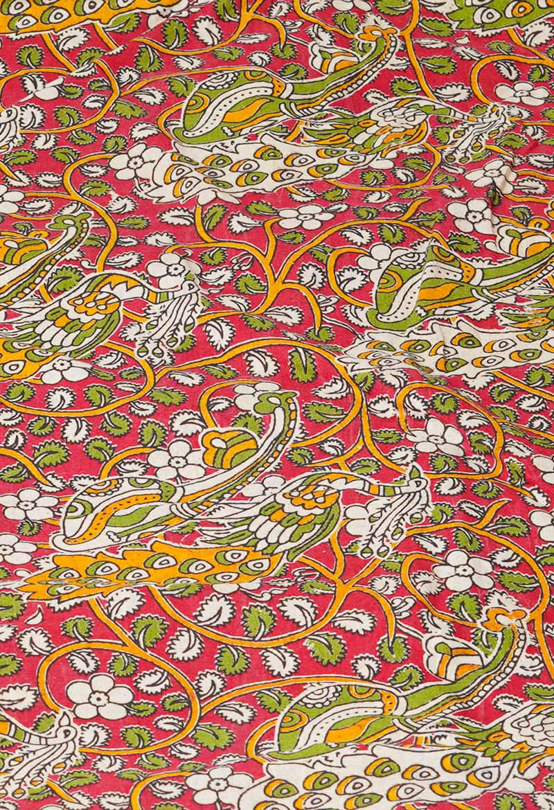 Yellow Pure Block Printed  Kota Cotton Saree With Kalamkari Blouse Piece-UNM72965