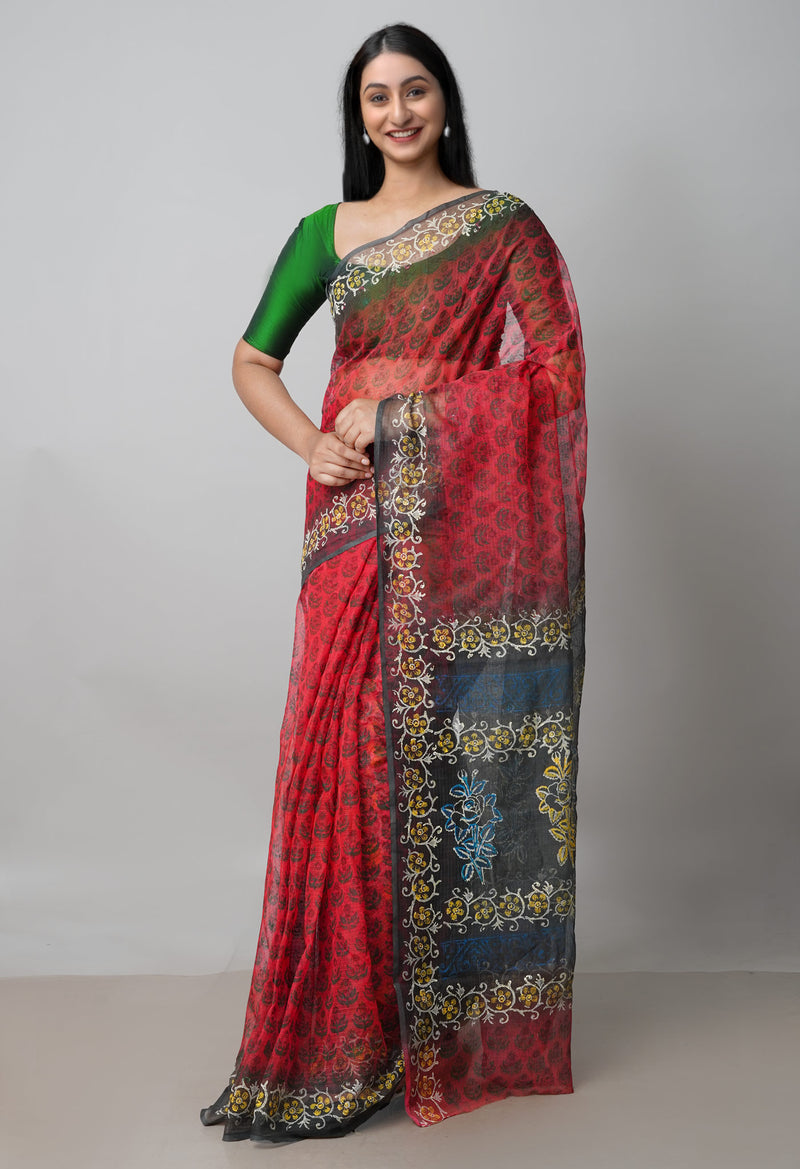 Red Pure Block Printed  Kota Cotton Saree With Kalamkari Blouse Piece-UNM72966