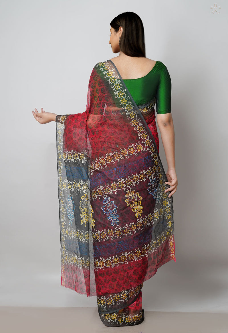Red Pure Block Printed  Kota Cotton Saree With Kalamkari Blouse Piece-UNM72966