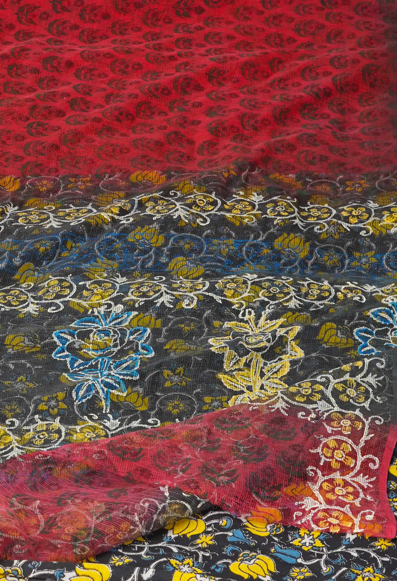 Red Pure Block Printed  Kota Cotton Saree With Kalamkari Blouse Piece-UNM72966