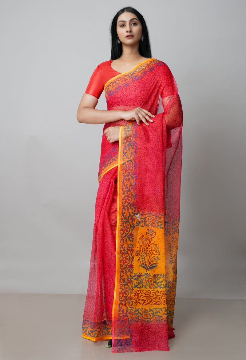 Red Pure Block Printed  Kota Cotton Saree With Kalamkari Blouse Piece-UNM72967