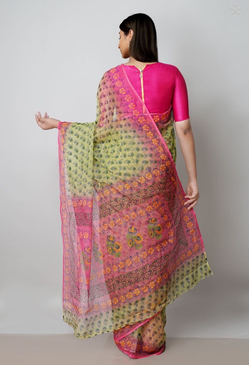 Green Pure Block Printed  Kota Cotton Saree With Kalamkari Blouse Piece-UNM72968