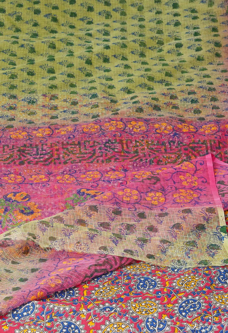 Green Pure Block Printed  Kota Cotton Saree With Kalamkari Blouse Piece-UNM72968