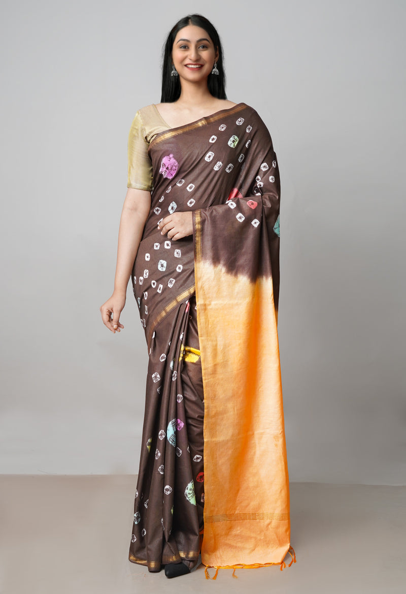 Dark Brown-Peach Orange  Batik Printed Chanderi Sico Saree-UNM72987